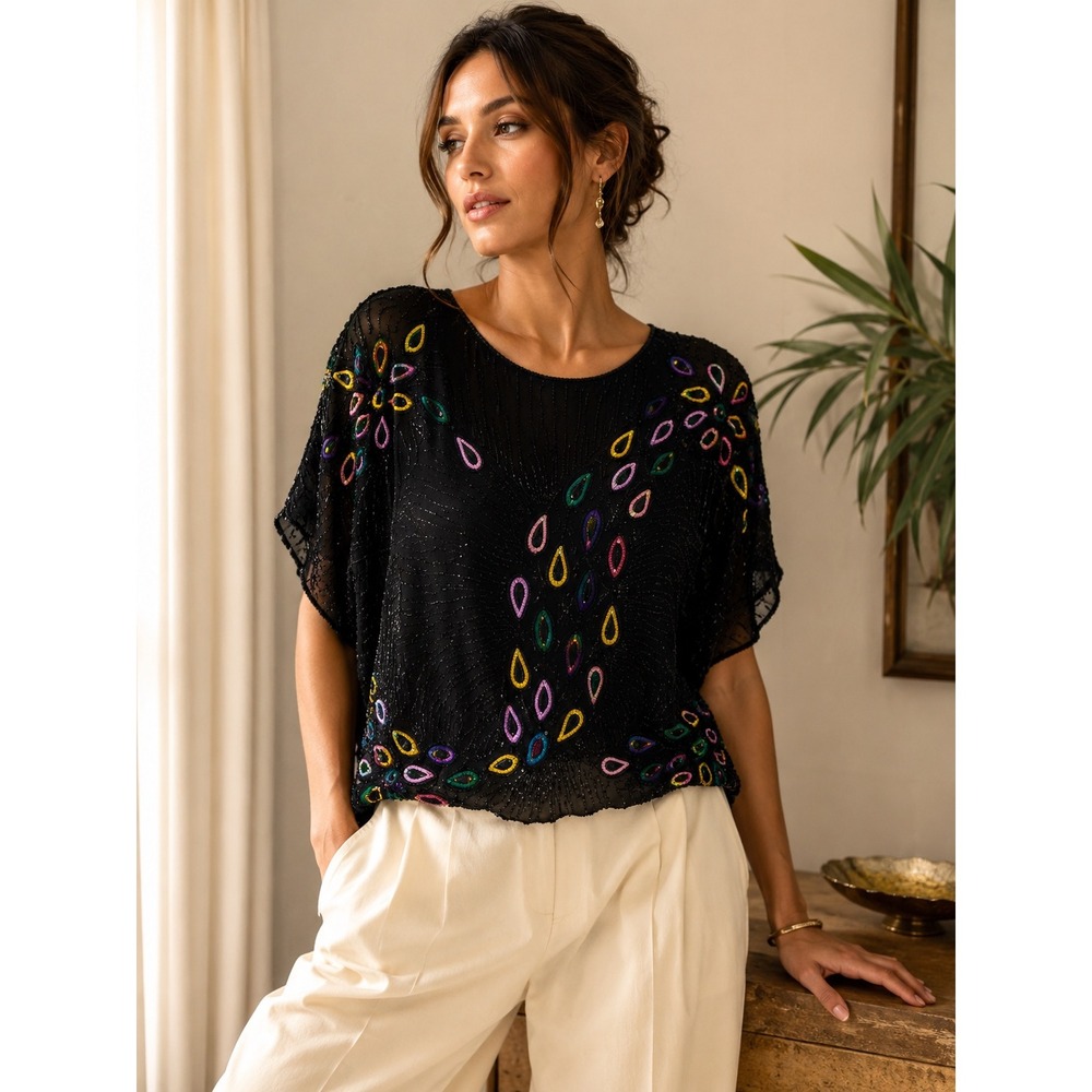 Vintage 80s Black Silk Beaded Sequin Top Colorful Paisley Blouse Art Deco‎ Glam
